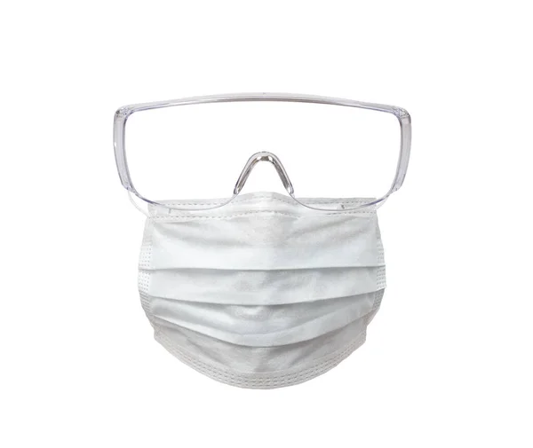 One Medical Face Mask Safety Glasses Protecting Spectacles White Background — Stock Photo, Image