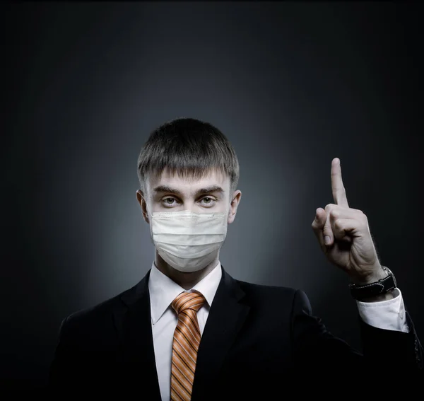 Concept Coronavirus Epidemic Portrait Businessman Medical Mask Black Costume Orange — Stock Photo, Image