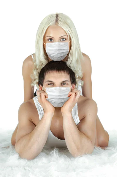 Pretty Couple Medical Mask Lie Floor White Background Concept Coronavirus — Stock Photo, Image