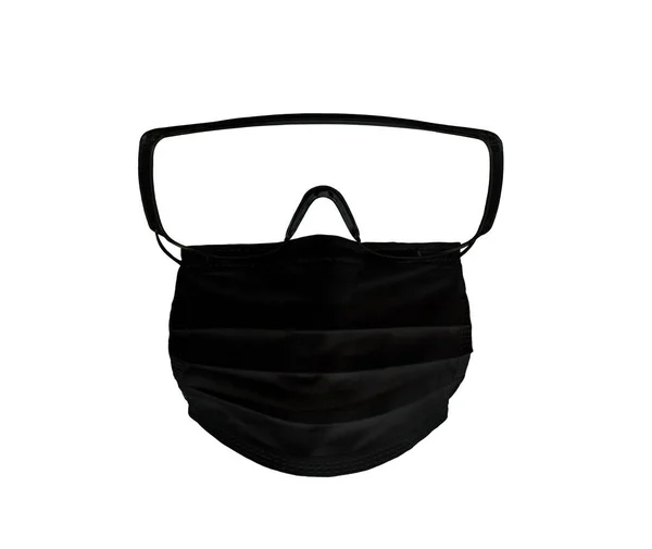 Één Zwart Medisch Gezichtsmasker Met Veiligheidsbril Beschermbril Witte Achtergrond Geïsoleerd Stockfoto