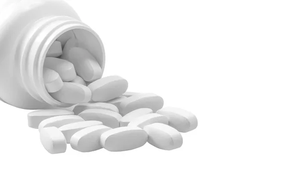 Üveg Szétszórt Csoport Fehér Orvosi Tabletta Közelkép Tejsavó Háttér Elszigetelt — Stock Fotó