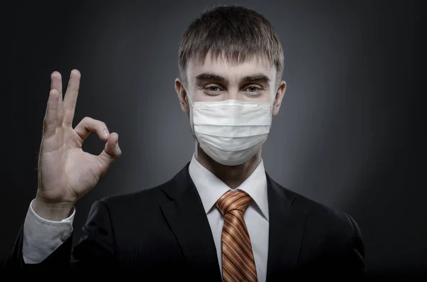 Concept Coronavirus Epidemic Portrait Businessman Medical Mask Give Hand Gesture — Stock Photo, Image