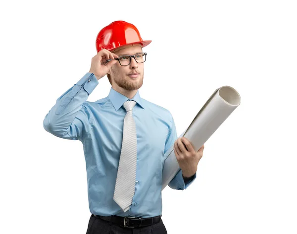 Retrato Arquiteto Inteligente Trabalhador Engenheiro Homem Capacete Construção Vermelho Com — Fotografia de Stock