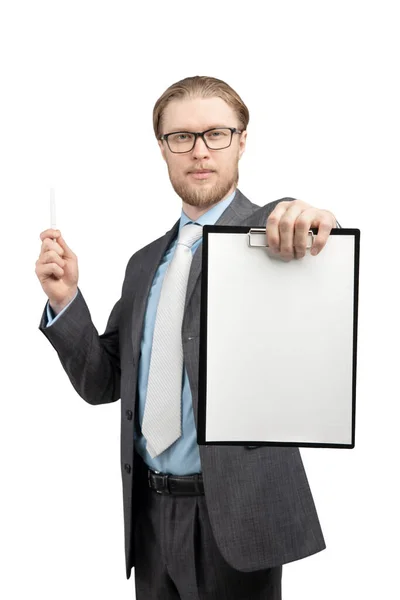 Vertical Portrait Businessman Holds Hand Empty White Sheet White Background — Stock Photo, Image
