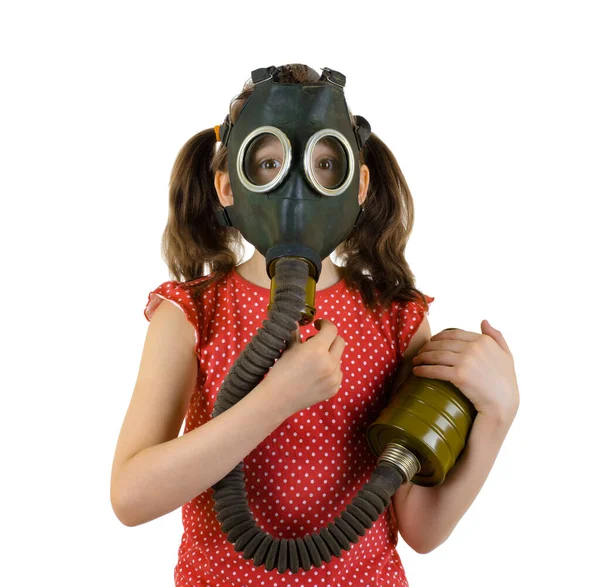 Concept Coronavirus Epidemic Little Girl Gas Mask White Background Isolated — Stock Photo, Image