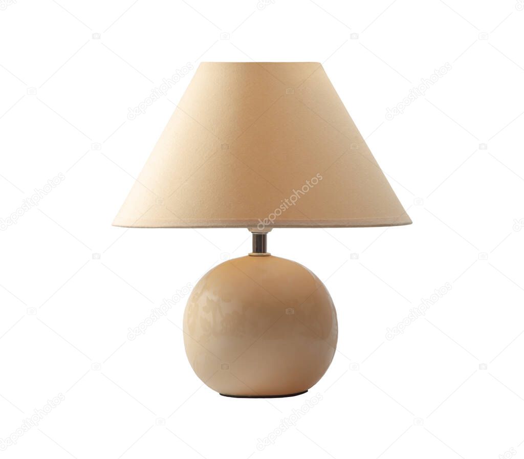 one yellow table lamp with lamp shade on white background, isolated