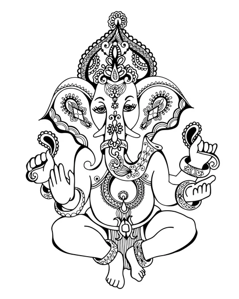 Hinduiska lord ganesha utsmyckade skiss teckning, tatuering, yoga — Stock vektor