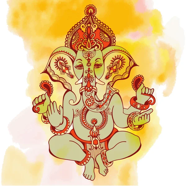 Hinduiska lord ganesha utsmyckade skiss teckning på akvarell bak — Stock vektor