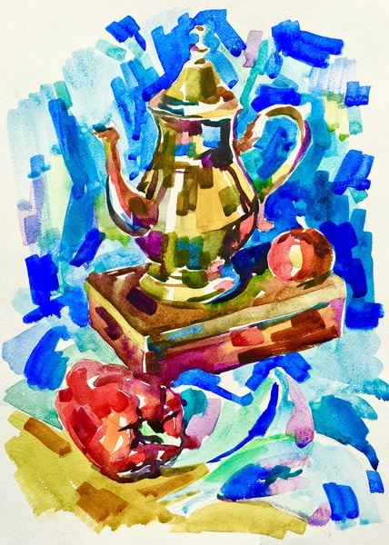 蓝色水彩画静生与壶，胡椒，苹果和 — 图库照片