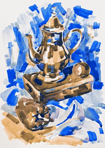 Голубой акварелью живописи натюрморт с кувшином, перцем, яблоком и — стоковое фото