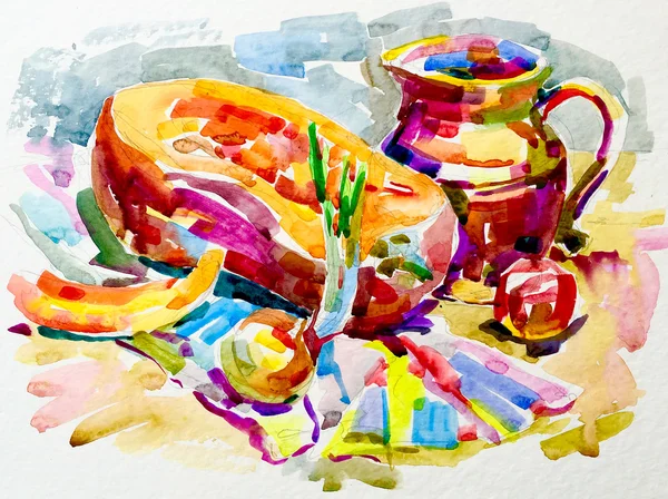 Watercolor painting still life artwork with pumpkin, jug, apple — Stock Image Watercolor painting still life artwork with pumpkin, jug, apple Royalty Free Stock Images