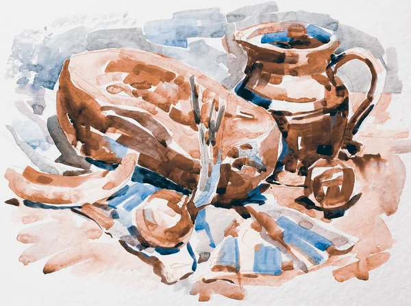 Watercolor painting still life artwork with pumpkin, jug, apple — Stock Image Watercolor painting still life artwork with pumpkin, jug, apple Royalty Free Stock Photos
