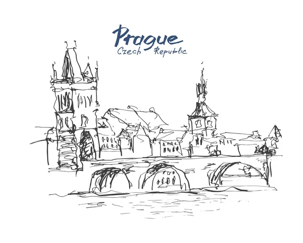 Croquis à l'encre dessin de la vieille ville de Prague paysage urbain avec ha — Image vectorielle