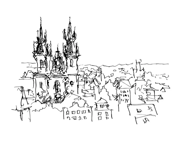 Croquis à l'encre noire et blanche dessin au trait de la vieille ville de Prague c — Image vectorielle