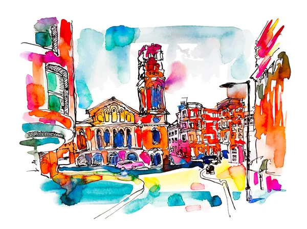 教会とロンドン通りの水彩画をスケッチ, 明るい — ストックベクタ
