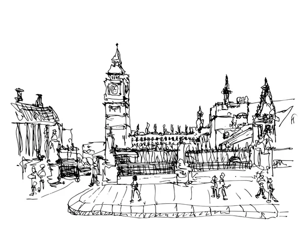 ロンドンの有名な場所の白黒インクスケッチ図面 — ストックベクタ