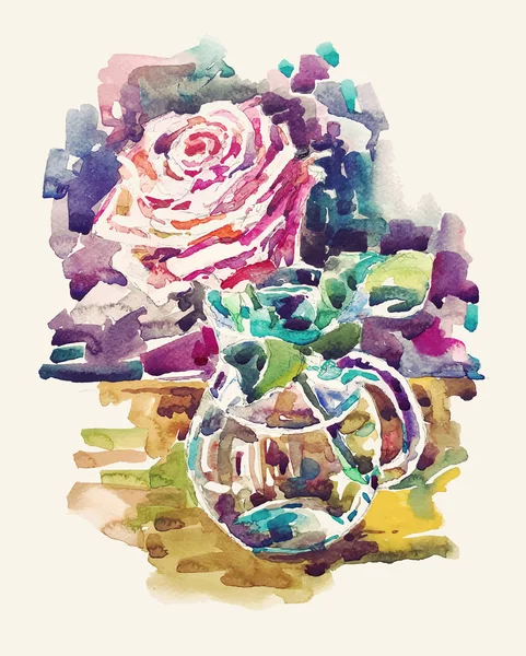 Handgezeichnetes Aquarell Stillleben Rose in Glasvase Illustration — Stockvektor