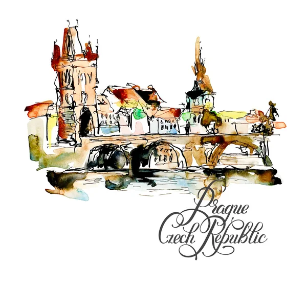 Acuarela boceto a mano alzada dibujo de Praga República Checa top — Vector de stock