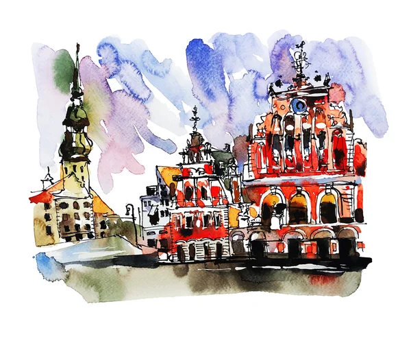 Aquarela esboço pintura da cidade velha Riga Letónia vista superior da cidade — Vetor de Stock