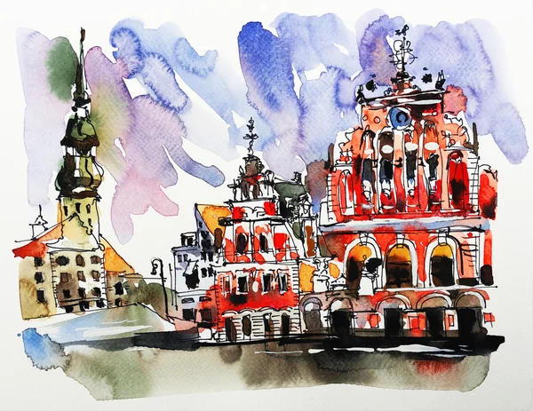Akwarela szkic malarstwo starego miasta Ryga Łotwa Top View City — Zdjęcie stockowe