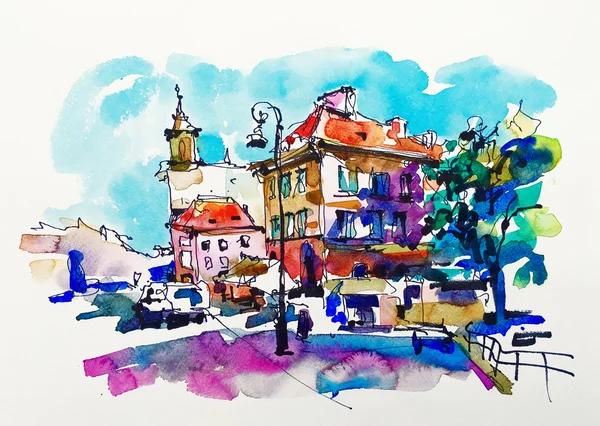 Watercolor sketching old town historical buildings Warsaw capita — Stock Photo, Image