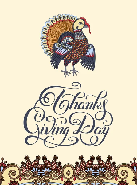 Thanks Giving Day decorative greeting card with turkey and handw — Stock vektor