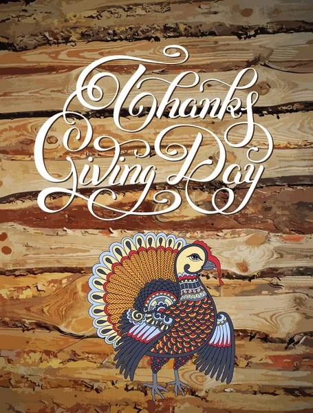 Thanks Giving Day decorative greeting card with turkey and handw — Stock vektor