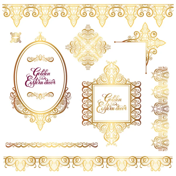 Set of floral golden eastern decor frame elements, paisley patte — Stock Vector