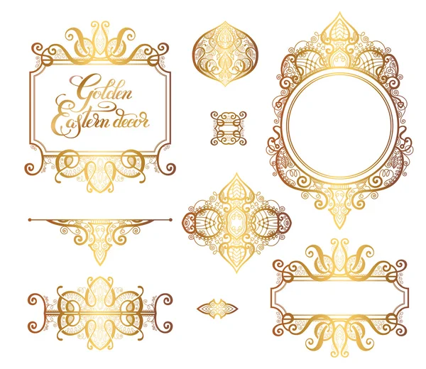 Floral golden eastern decor frame elements, paisley pattern — Stock Vector