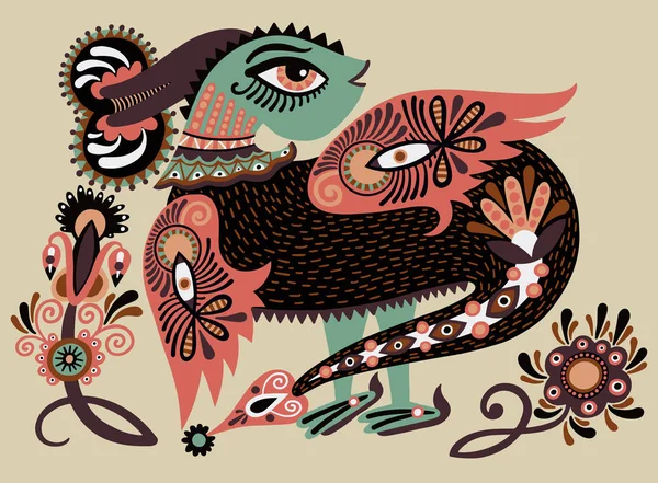 Disegno di doodle animale fantastico etnico in stile karakoko, insolito — Vettoriale Stock