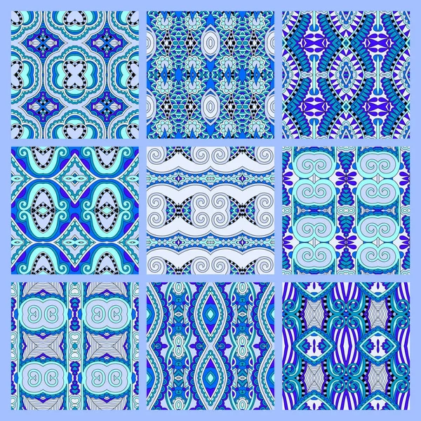 Uppsättning av blå sömlös färgade vintage geometriska mönster, konsistens — Stock vektor