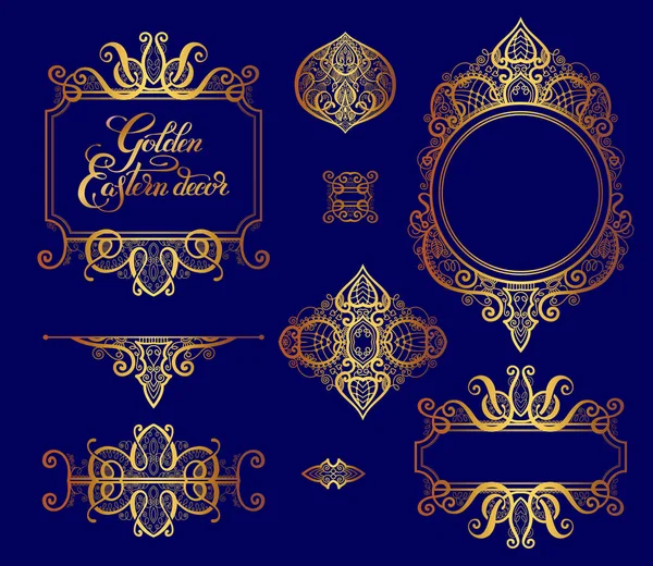 Set of floral golden eastern decor frame elements, paisley patte — Stock Vector