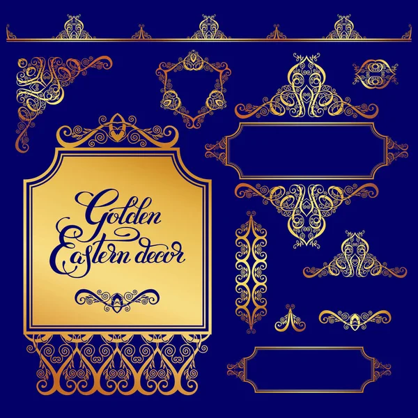 Set of floral golden eastern decor frame elements, paisley patte — Stock Vector