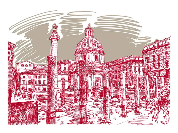 Desenho original esboço mão de Roma Itália paisagem urbana famosa —  Vetores de Stock