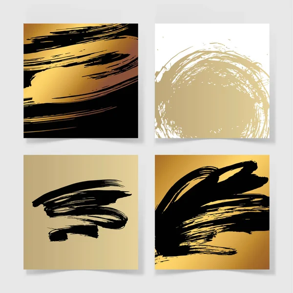 Set van vier zwarte en gouden inkt borstels grunge vierkante patroon — Stockvector