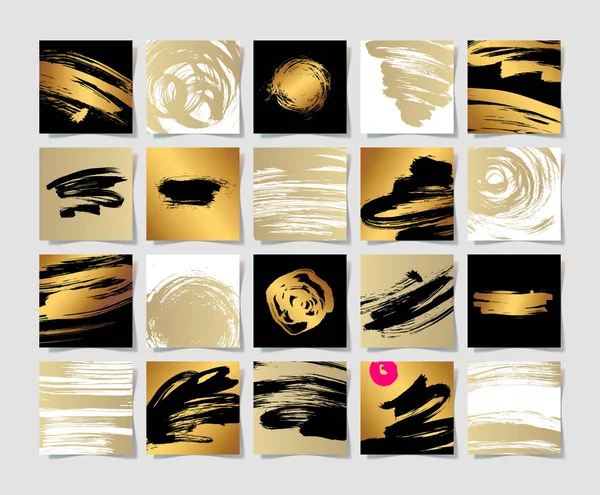 Set of 20 black white and gold ink brushes grunge square pattern — Stock Vector