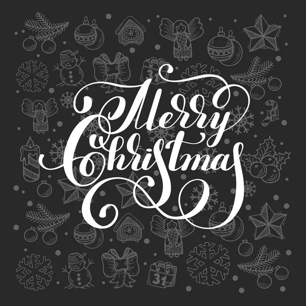 Feliz Navidad caligrafía letras de la mano en vacaciones de regalo gris — Vector de stock
