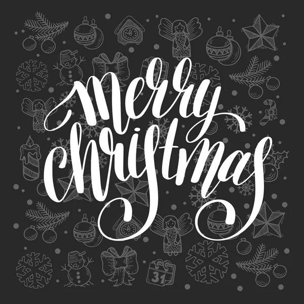 Merry Christmas kalligrafische hand belettering op grijs gave vakantie — Stockvector