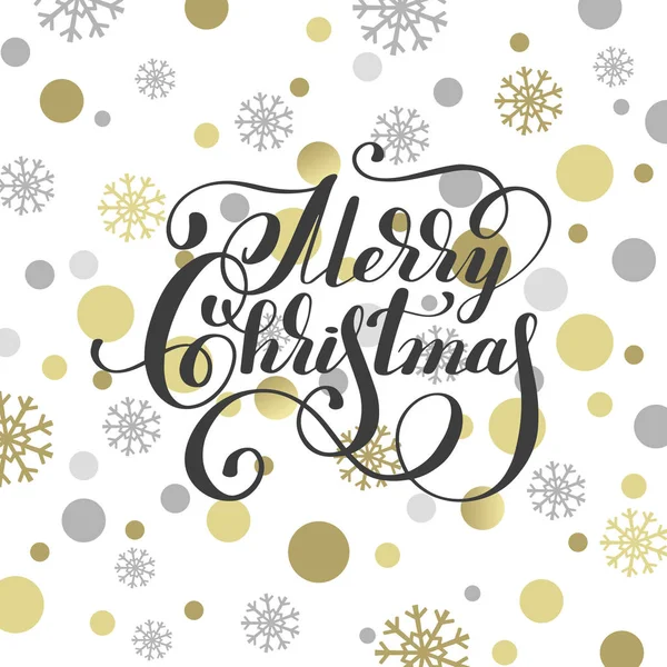 Merry christmas handskrivna kalligrafi med gyllene snöflingor — Stock vektor