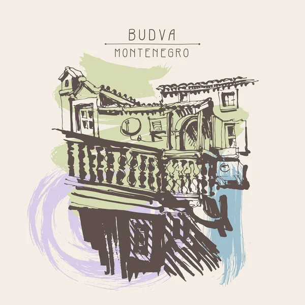 Boceto de edificio histórico en Budva Montenegro, vintage a — Vector de stock