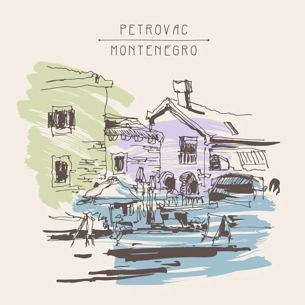 Originele sepia inkt schets tekening van oude fort in Petrovac Mo — Stockvector