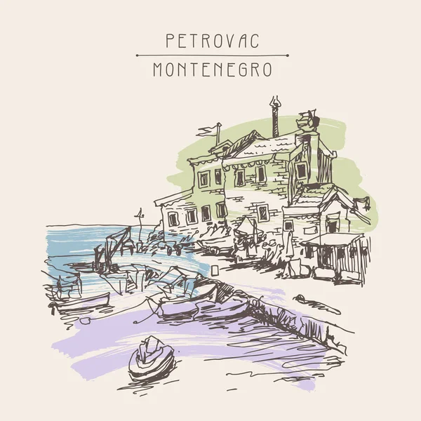 Desenho de esboço de tinta sépia do forte antigo em Petrovac Montenegro —  Vetores de Stock