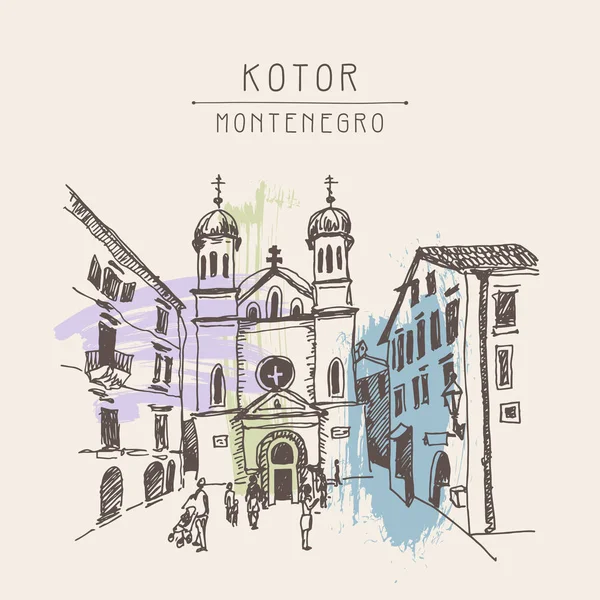 Schets tekening kerk van Saint Tryphon in Kotor Montenegro — Stockvector