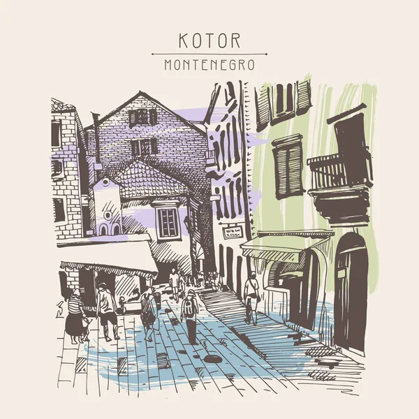 Vázlat rajz Kotor street Montenegró, vintage turisztikai pos — Stock Vector