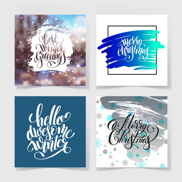 Set van vier merry christmas handgeschreven kalligrafie met snowfl — Stockvector