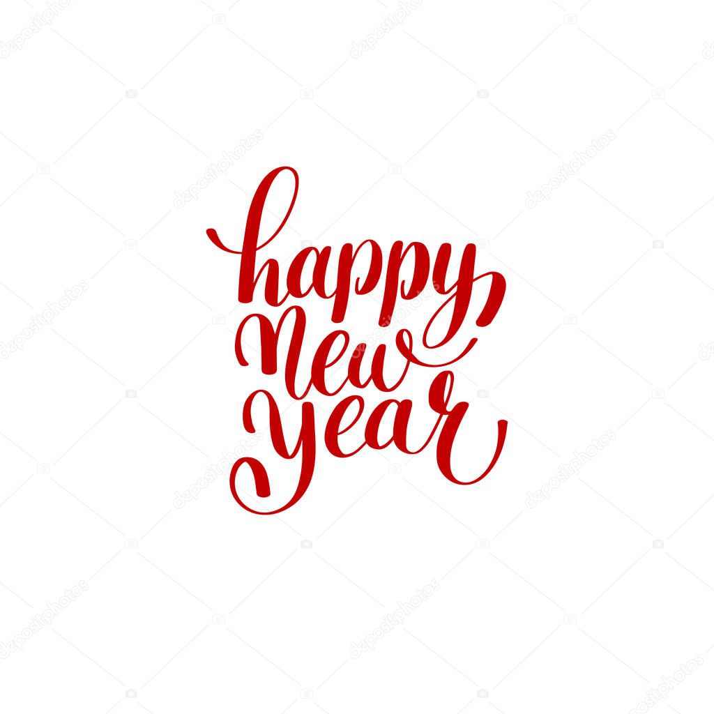 Happy New Year hand lettering congratulate red inscription logo design, Christmas greeting card, calligraphy vector illustration