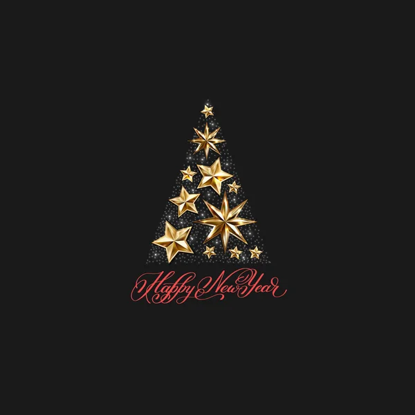 Árbol de navidad de estrellas de oro con inscripción de letras a mano feliz — Vector de stock