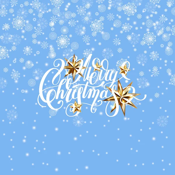 冬季设计与金色的星星和手写的刻字圣诞快乐 — 图库矢量图片