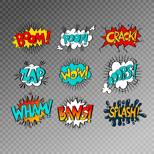 Collection of nine multicolored comic sound effects in pop art s — Stock Vector