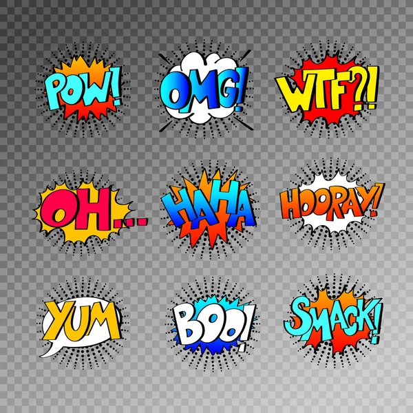 Collection of nine multicolored comic sound effects in pop art s — Stock Vector